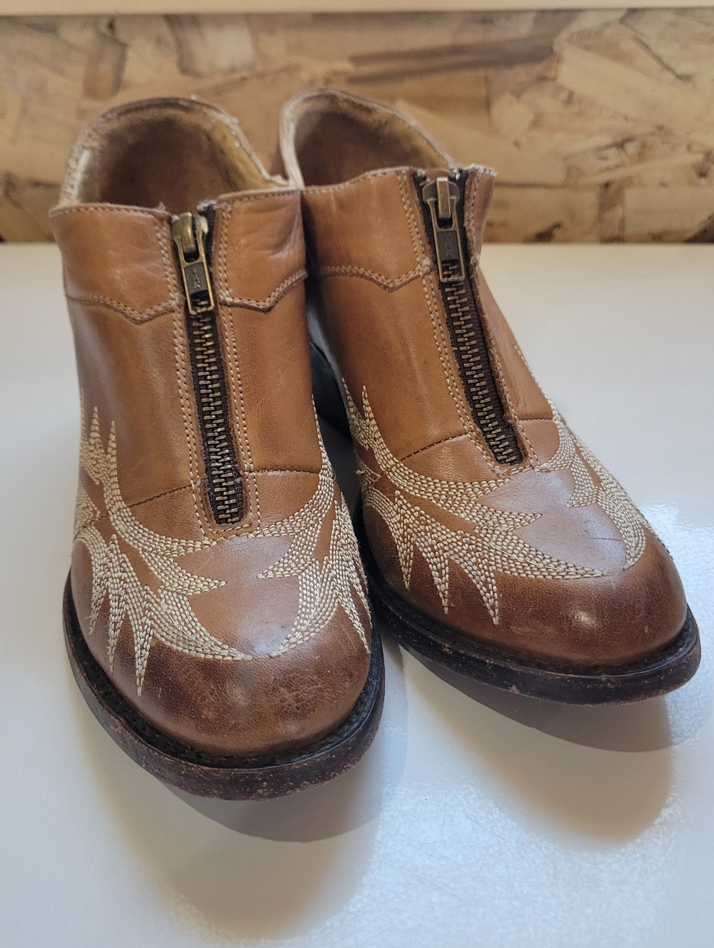 Stetson Brown Leather Zip Front Ankle Booties with Cream Embroidery
